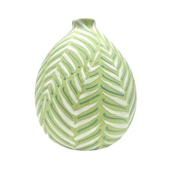 Crate and Barrel Leaf Vase Green and White with Enamel Fern Leaves Botanical - Picture 5 of 8